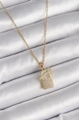 HEYF 316L Çelik Gold Renk Zincir Zirkon Taşlı Asma Kilit Anahtar Model Kadın Kolye thumbnail 1