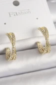 HEYF Pirinç Gold Renk Zirkon Taşlı Sarmal Halka Model Kadın Küpe - 1