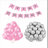 METALİK PEMBE-GÜMÜŞ BALON+BANNER SETİ thumbnail 1