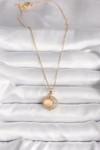 HEYF 316L Çelik Gold Renk Zirkon Taşlı Turuncu Sedefli Hilal Model Kadın Kolye thumbnail 2