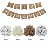 KAVERENGİ,DENİZ KUMU,GÜMÜŞ,ŞEFFAF BALON+KRAFT BANNER SETİ - 2