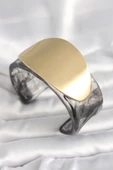HEYF Siyah Mermer Desen Akrilik Plastik Gold Oval Plaka Model Vintage Kadın Bilezik - 1