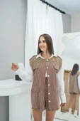 Kahverengi Kazayağı Desenli Yelek Ve Şort Takım - 3