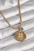 HEYF 316L Çelik Gold Renk İtalyan Zincir Dorika Yonca Model Nazar Boncuk Detay Kadın Kolye thumbnail 1