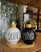 Tilbe Home 2’li Hands Dishes Siyah Beyaz Dekoratif Mutfak Banyo Sıvı Cam Sabunluk Seti 550ml Bambu Stantlı Set - 2