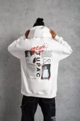 Erkek Ön Arka Baskılı Kapşonlu Sweat - Beyaz - 3