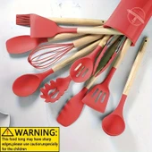 Tilbe Home 18Parça Silikon Kevgir Kepçe Kaşık Fırça Çırpıcı Spatula Maşa Servis Seti Bambu Saplı Mutfak Takımı - 3