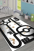 Yol Desenli Kaymaz Deri Taban Oyun Halısı  BEYAZ 120X180 - 1