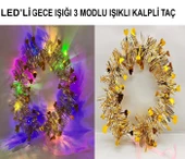 Kalp Püsküllü Gece Parıltısı 3 Modlu Led39li Işıklı Taç Altın Renk - 1
