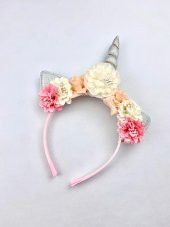 Kız Çocuk Bebek Çiçekli Gri Boynuzlu Unicorn Taç - 1