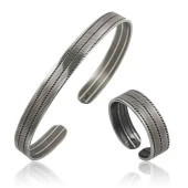 Gümüş Çizgi Desenli Bileklik Ve Yüzük Set thumbnail 3