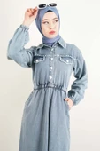 Bayan Denim Elbise Biye Nakışlı Elbise Açık Mavi - 2