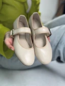 Günlük Bej Kadın Babet Oval Burun Tokalı Sade Kemer Kısa Topuklu Ev İş Ofis Hafif Ayakkabı 210 - 1