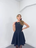 Dikiş İzli Volanlı Mini Elbise Lacivert - 6