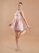 Saten El İşlemeli Kloş Mini Elbise Pudra - 6