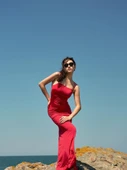 Askılı Jarse Kırmızı Uzun Elbise - 3