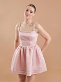Saten El İşlemeli Kloş Mini Elbise Pudra - 12