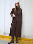 Poplin Oversize Uzun Gömlek Elbise Kahverengi - 9