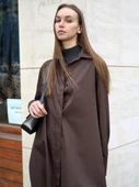 Poplin Oversize Uzun Gömlek Elbise Kahverengi - 6