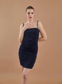 Drapeli Askılı Lacivert Mini Elbise - 4
