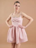 Saten El İşlemeli Kloş Mini Elbise Pudra - 8