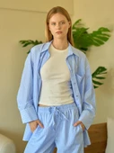 Çizgi Desen Poplin Oversize Mavi Boyfriend Gömlek - 4