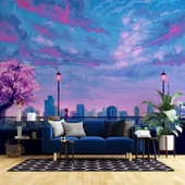 Dinlendirici Pembe Ağaç şehir çizimi Duvar Kağıdı thumbnail 1