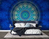 Mavi Franktal Etnik Motif Desenli Duvar Kağıdı - 2