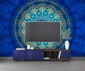 Mavi Franktal Etnik Motif Desenli Duvar Kağıdı - 3