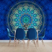 Mavi Franktal Etnik Motif Desenli Duvar Kağıdı - 5