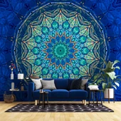 Mavi Franktal Etnik Motif Desenli Duvar Kağıdı - 1