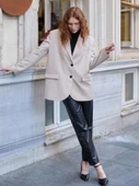 Oversize Düğmeli Blazer Ceket Bej - 9