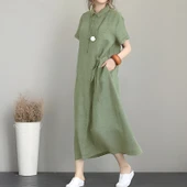 Yazlık Salaş Kadın Elbise Keten Günlük Kısa Kol Tam Boy thumbnail 1