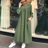 Yazlık Tasarım Gömlek Kadın Elbise Büzgülü Keten Günlük - 1