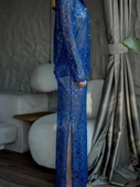 Varaklı Dantel Maxi Etek Saks - 6