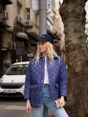 Kapitone Düğme Detay Oversize Ceket Lacivert - 3