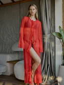 Şifon Fırfırlı Pareo Kimono Mercan - 7