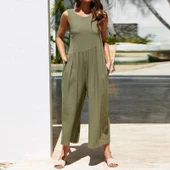 Günlük Sırt Dekolteli Salaş Kadın Tulum Keten Yazlık thumbnail 1