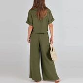 Rahat Elbise Zarif Kadin T-shirt ve Uzun Pantolon Alt Üst İkili Takım V Yaka Kısa Kollu Salaş thumbnail 4