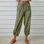 Tasarım Keten Günlük Pantolon Beli Lastikli Bağcıklı - 1