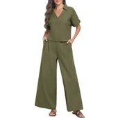 Rahat Elbise Zarif Kadin T-shirt ve Uzun Pantolon Alt Üst İkili Takım V Yaka Kısa Kollu Salaş thumbnail 2