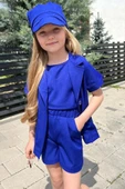 Kız Çocuk Kolsuz Penye Bluz Kısa Kollu Blazer Ceket Şapkalı Saks Mavisi Şortlu Takım - 10