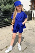 Kız Çocuk Kolsuz Penye Bluz Kısa Kollu Blazer Ceket Şapkalı Saks Mavisi Şortlu Takım - 1