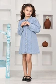 Kız Çocuk Gömlek Yakalı Jean Elbise 12171 - 2