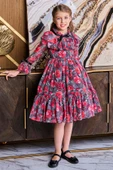 Kız Çocuk Göğsü Fırfırlı Yakası Kurdele Detaylı Gül Desenli Kırmızı Elbise thumbnail 3