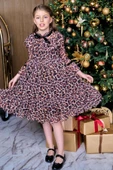 Kız Çocuk Göğsü Fırfırlı Yakası Kurdele Detaylı Leopar Desenli Kehribar Elbise - 4