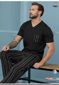 Aydoğan Erkek Siyah %100 Pamuklu Penye Kısa Kollu Pijama Takımı 7961 - 1
