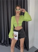 SATEN CROP TOKA DETAYLI BLUZ - Yeşil - 1