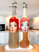 El Yapımı Kırmızı Saçlı Kadın Desenli Vintage Cam Şişe Yağdanlık Seti, Dekoratif Mutfak & Sofra Ürünü, Sosluk & Sirkelik - 8