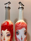 El Yapımı Kırmızı Saçlı Kadın Desenli Vintage Cam Şişe Yağdanlık Seti, Dekoratif Mutfak & Sofra Ürünü, Sosluk & Sirkelik - 6